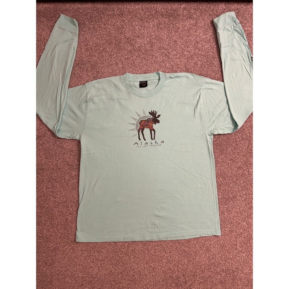 Mountain Long Sleeve Tee Mens Large Aqua Excellent Alaska Moose Graphic Shirt